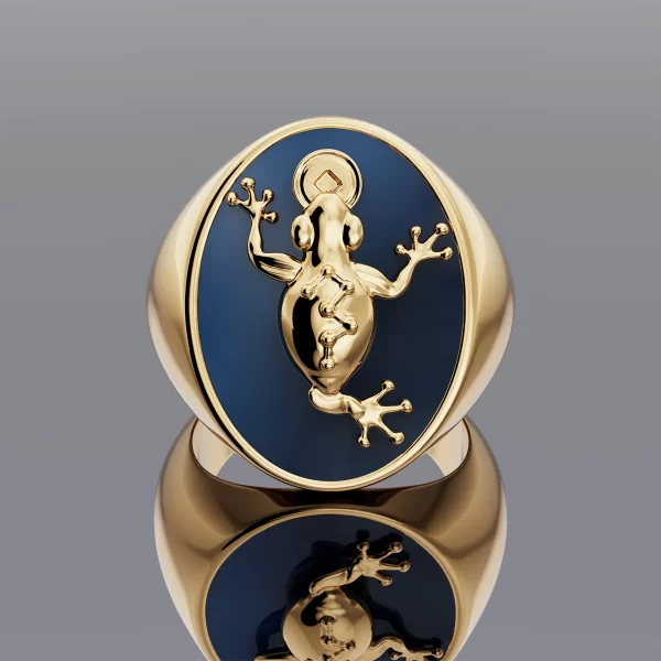 Gold and Intaglio Blue Money Frog Ring 5-Womens-YG